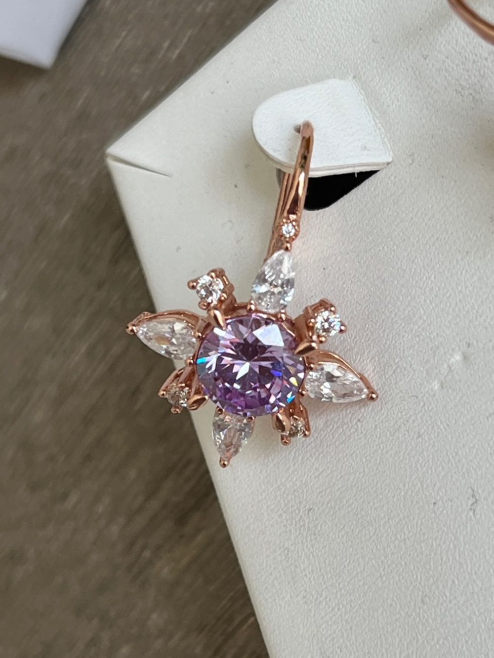Rose Gold plated Floral Earrings with Lavender CZ Crystal Center - Picture 3 of 10